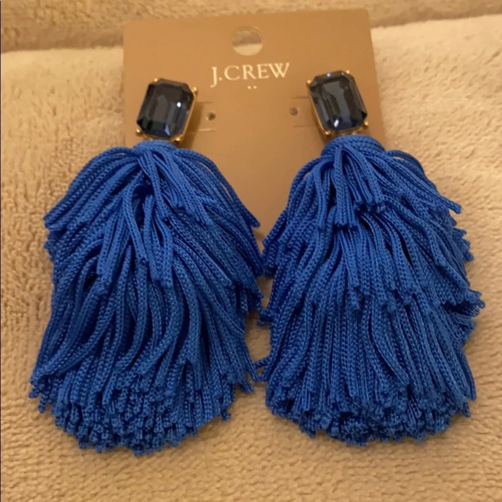 J.Crew Blue Tassel Statement Earrings Gold Tone Crystal Drop NWT